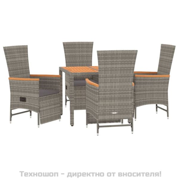 Градински трапезен комплект 5 части с възглавници сив полиратан