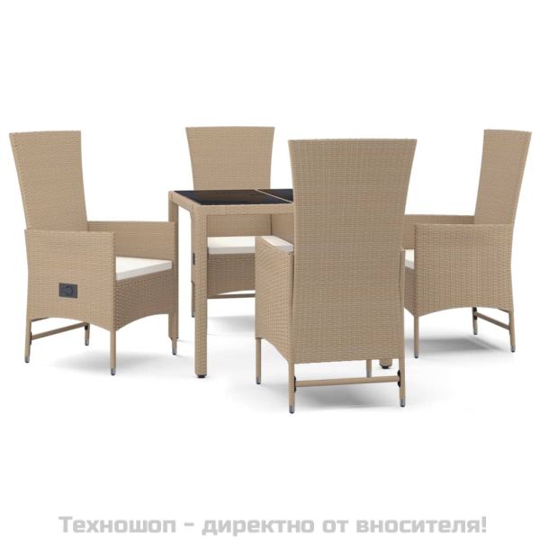 Градински комплект с възглавници, 5 части, бежов полиратан