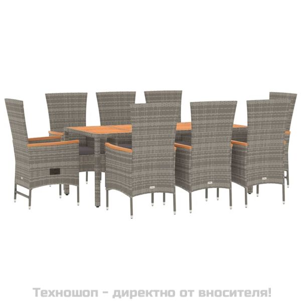 Градински трапезен комплект 9 части с възглавници сив полиратан