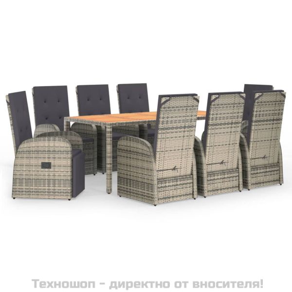 Градински трапезен комплект 9 части с възглавници сив полиратан