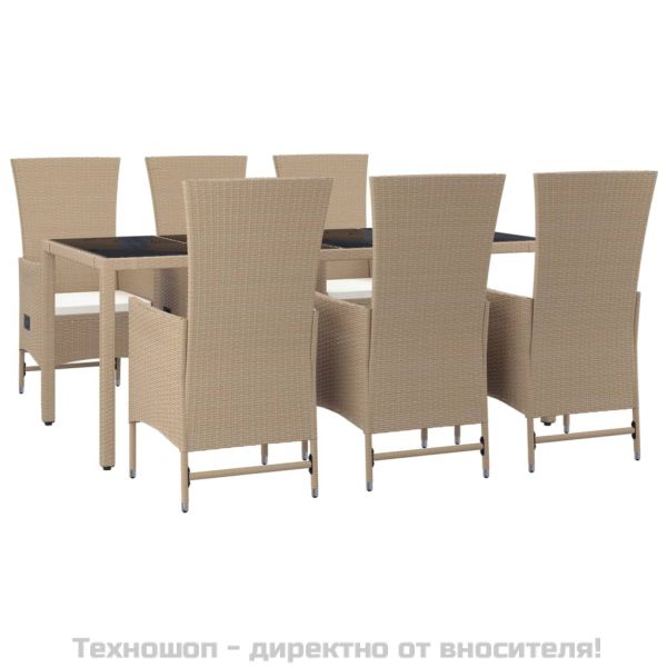 Градински комплект с възглавници, 7 части, бежов полиратан