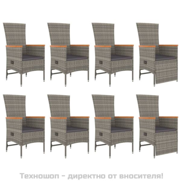 Градински трапезен комплект 9 части с възглавници сив полиратан