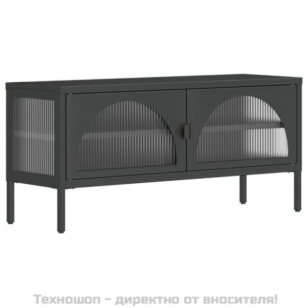 ТВ шкаф, черен, 105x35x50 см, стъкло и стомана