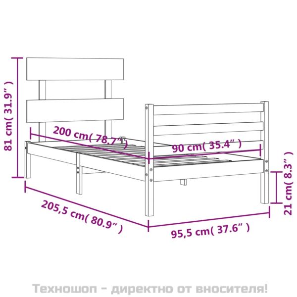Рамка за легло с табла, 90x200 см, масивно дърво