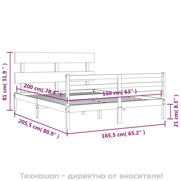 Рамка за легло с табла, бяла, 160х200 см, масивно дърво