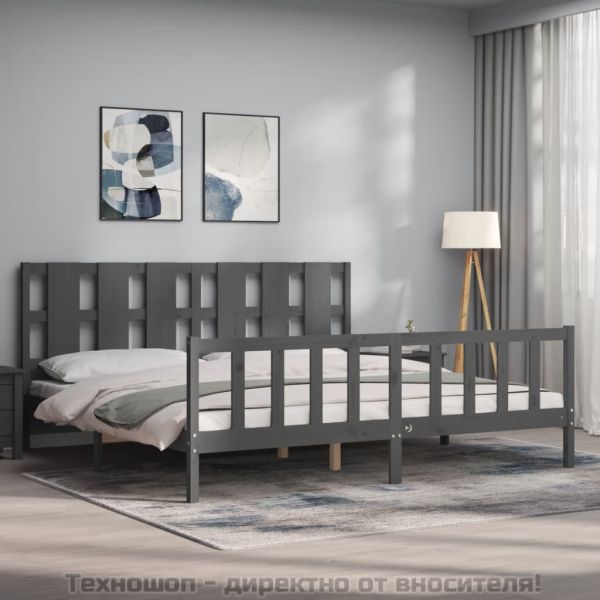 Рамка за легло с табла, сива, 200х200 см, масивно дърво