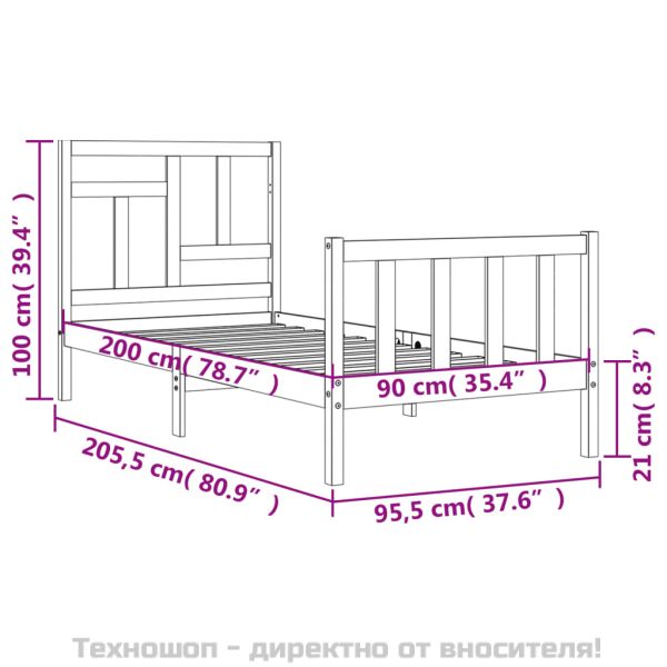 Рамка за легло без матрак, бял, 90x200 см, бор масив