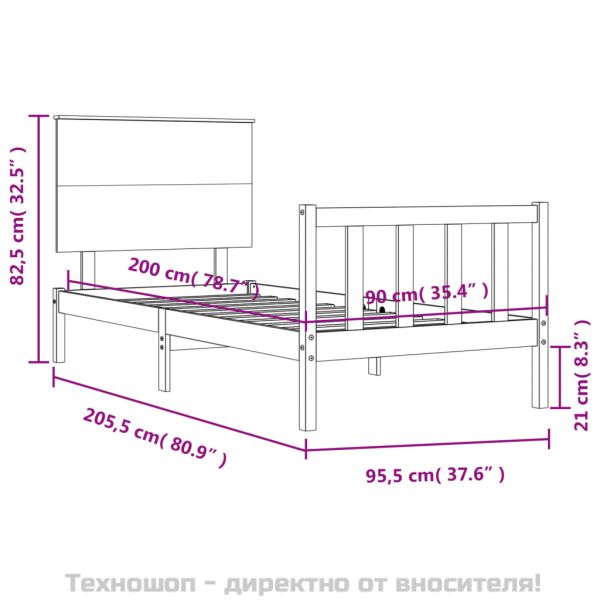 Рамка за легло без матрак, бял, 90x200 см, бор масив