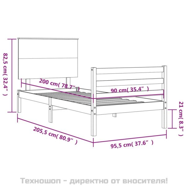 Рамка за легло с табла, бяла, 90x200 см, масивно дърво