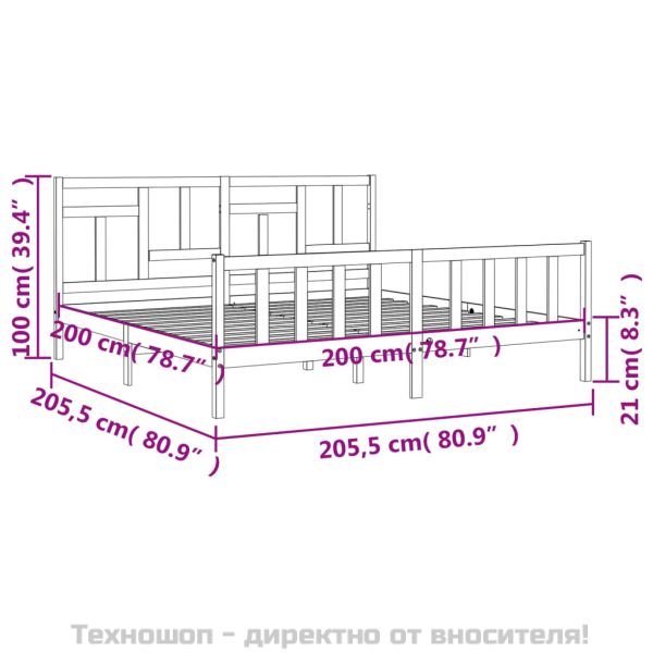 Рамка за легло с табла, сива, 200х200 см, масивно дърво