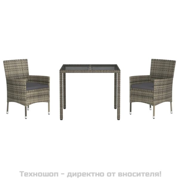 Градински трапезен комплект 3 части с възглавници сив полиратан