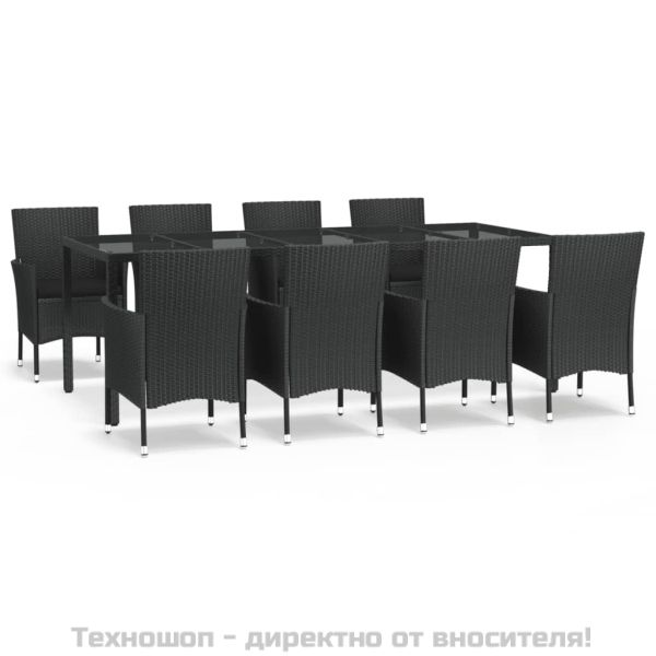 Градински трапезен комплект възглавници 9 части черен полиратан