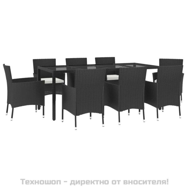 Градински трапезен комплект възглавници 9 части черен полиратан