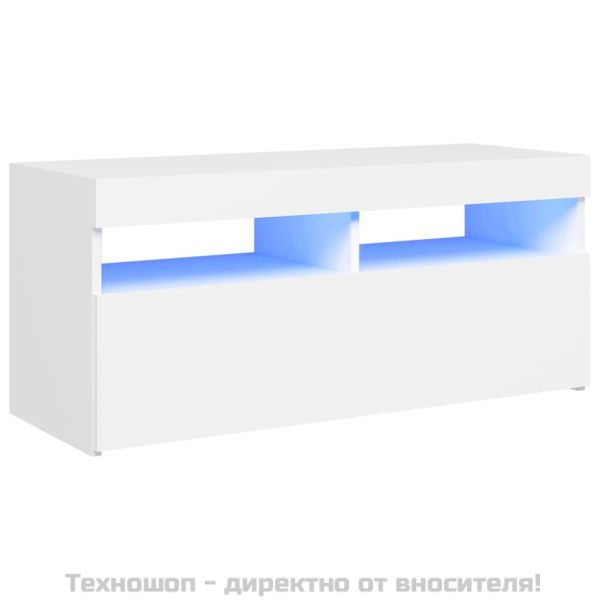 ТВ шкаф с LED осветление, бял, 90x35x40 см