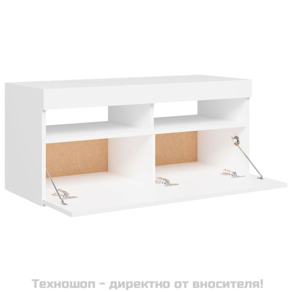 ТВ шкаф с LED осветление, бял, 90x35x40 см
