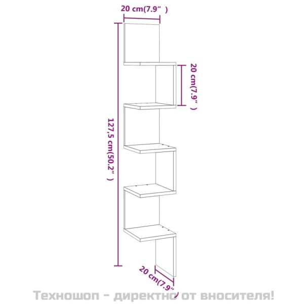 Стенен ъглов рафт, опушен дъб, 20x20x127,5 см, инженерно дърво