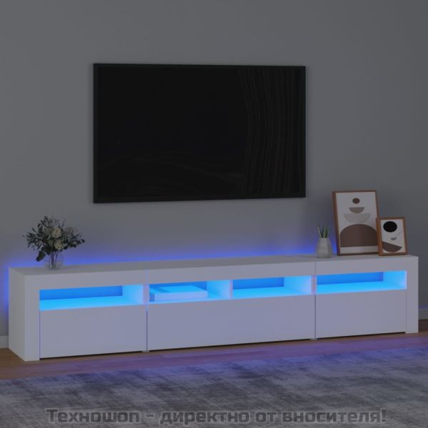 ТВ шкаф с LED осветление, бял, 210x35x40 см
