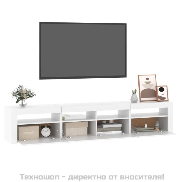 ТВ шкаф с LED осветление, бял, 210x35x40 см
