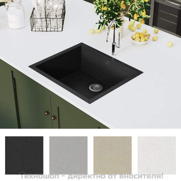 Кухненска мивка с преливник, черна, гранит