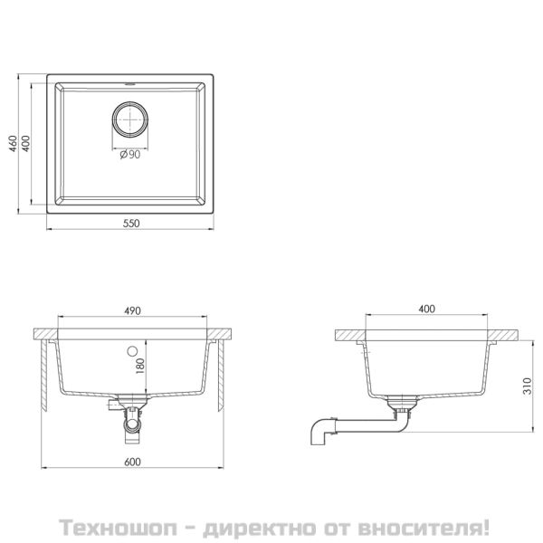 Кухненска мивка с преливник, черна, гранит