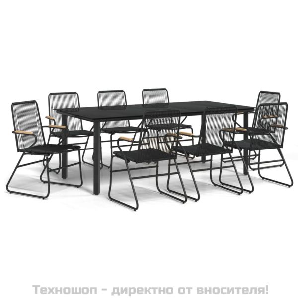 Градински трапезен комплект от 9 части, черно, PVC ратан