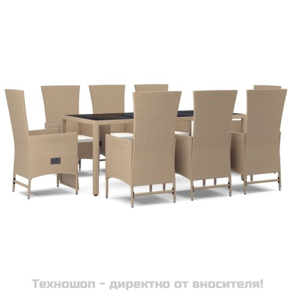 Градински комплект с възглавници, 9 части, бежов полиратан