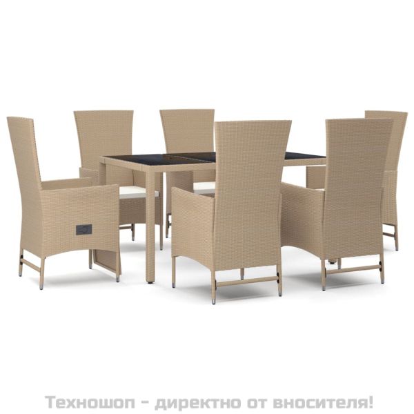 Градински комплект с възглавници, 7 части, бежов полиратан