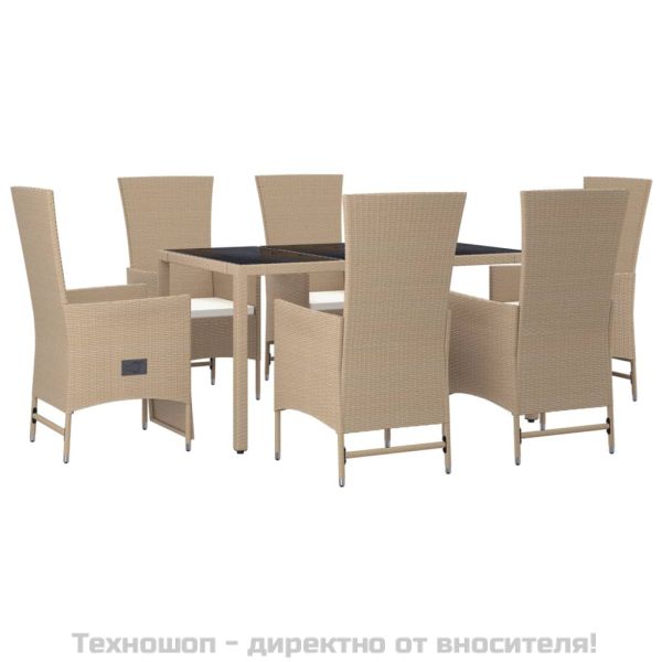 Градински комплект с възглавници, 7 части, бежов полиратан