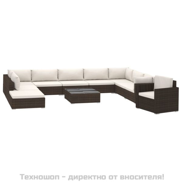 Градински комплект с възглавници, 11 части, кафяв полиратан