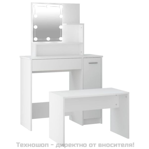 Комплект тоалетка с LED, бяла, инженерно дърво