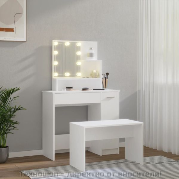 Комплект тоалетка с LED, бяла, инженерно дърво