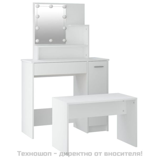 Комплект тоалетка с LED, бяла, инженерно дърво