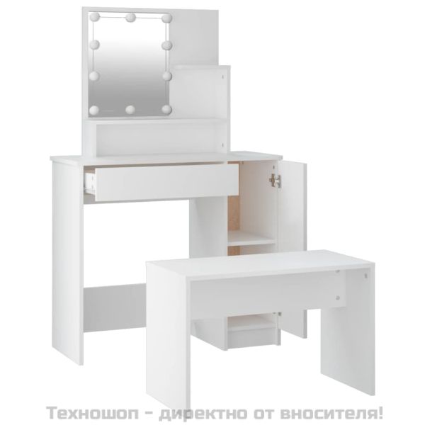 Комплект тоалетка с LED, бяла, инженерно дърво