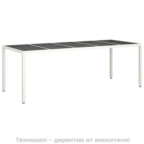 Градинска маса бяла 250x100x75 см полиратан и закалено стъкло