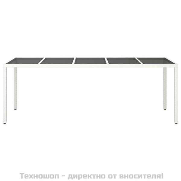 Градинска маса бяла 250x100x75 см полиратан и закалено стъкло