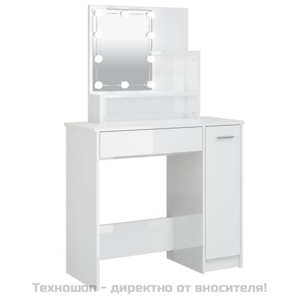 Тоалетка с LED, бял гланц, 86,5x35x136 см