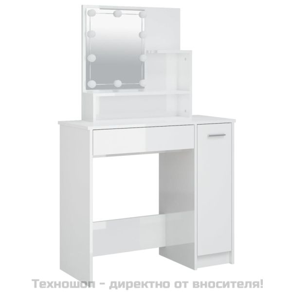 Тоалетка с LED, бял гланц, 86,5x35x136 см