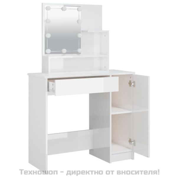 Тоалетка с LED, бял гланц, 86,5x35x136 см