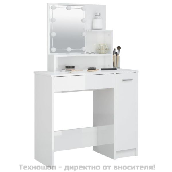 Тоалетка с LED, бял гланц, 86,5x35x136 см