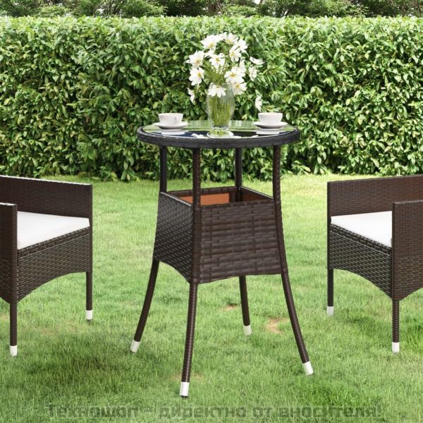 Градинска маса, Ø60x75 см, закалено стъкло и полиратан, кафява