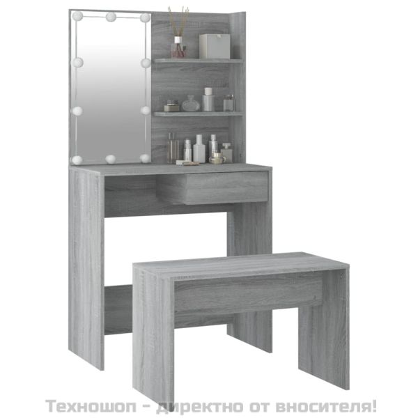 Комплект тоалетка с LED, сив сонома, инженерно дърво