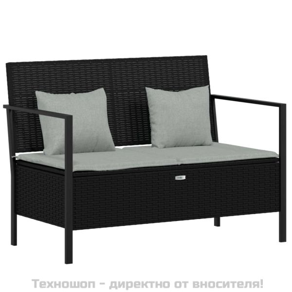 2-местна градинска пейка с възглавници, черна, полиратан
