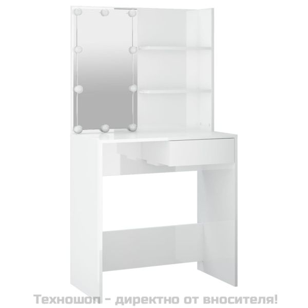 Тоалетка с LED, бял гланц, 74,5x40x141 см