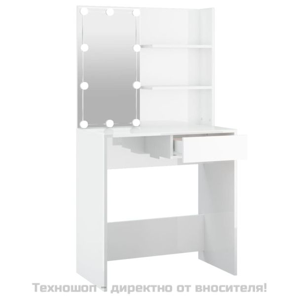 Тоалетка с LED, бял гланц, 74,5x40x141 см