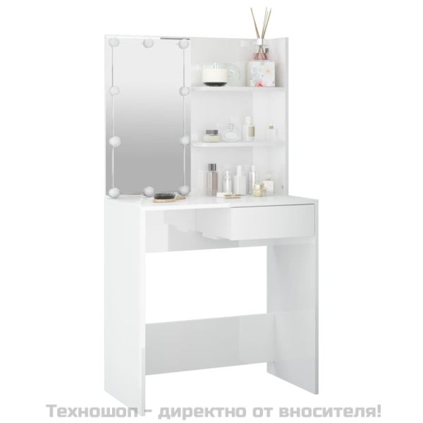 Тоалетка с LED, бял гланц, 74,5x40x141 см