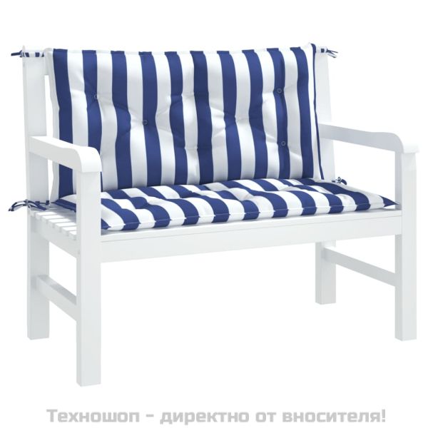 Възглавници за външни пейки 2 бр синьо-бели 100x50x7 см плат