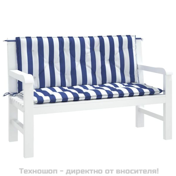 Възглавници за външни пейки 2 бр синьо-бели 120x50x7 см плат