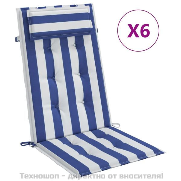 Възглавници за столове с облегалки 6 бр синьо-бели Оксфорд плат