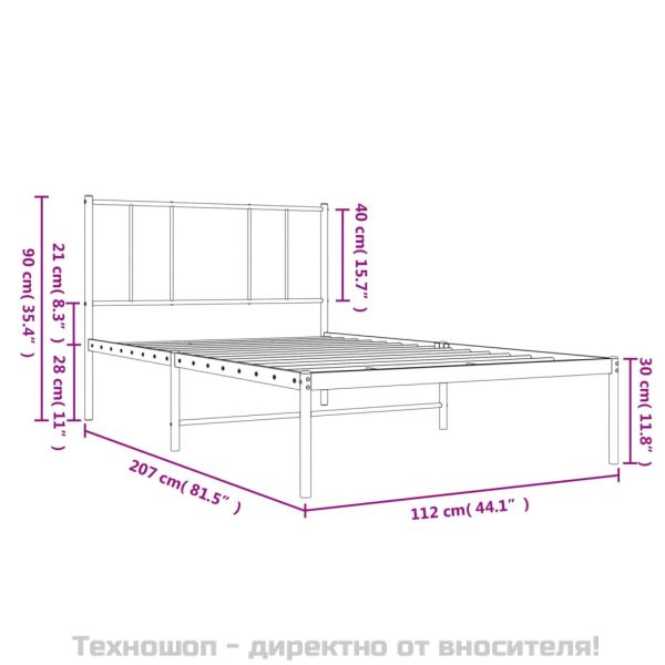 Метална рамка за легло с горна табла, бяла, 107x203 см