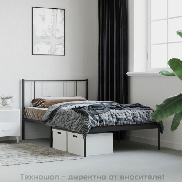 Метална рамка за легло с горна табла, черна, 75x190 см